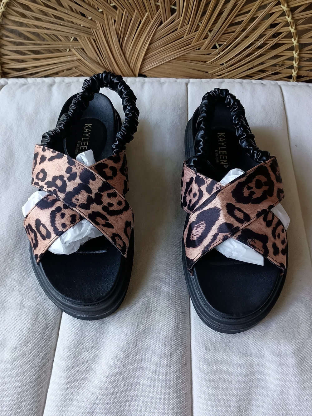 KAYLEEN By Los Angeles Leopard Print Cross-Strap Sandals in Brown and Black_39